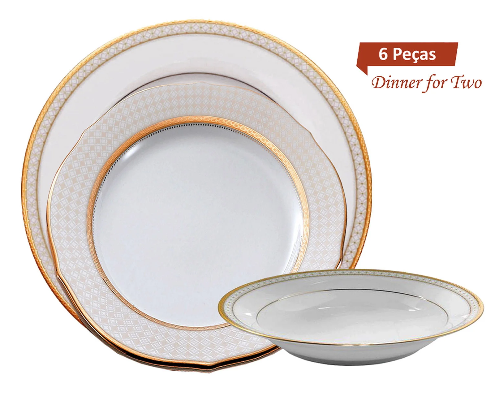 Jantar para 2 pessoas com 6 peças, porcelana Noritake -  Rochester Gold 4388