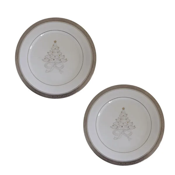 Jogo de 2 pratos de sobremesa em porcelana fina, com Estampa Exclusiva Natalina – Elegância e Charme.
